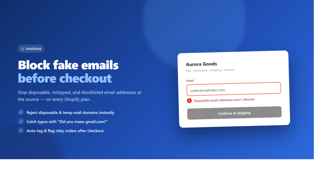 MailShield blocking fake and disposable emails at Shopify checkout