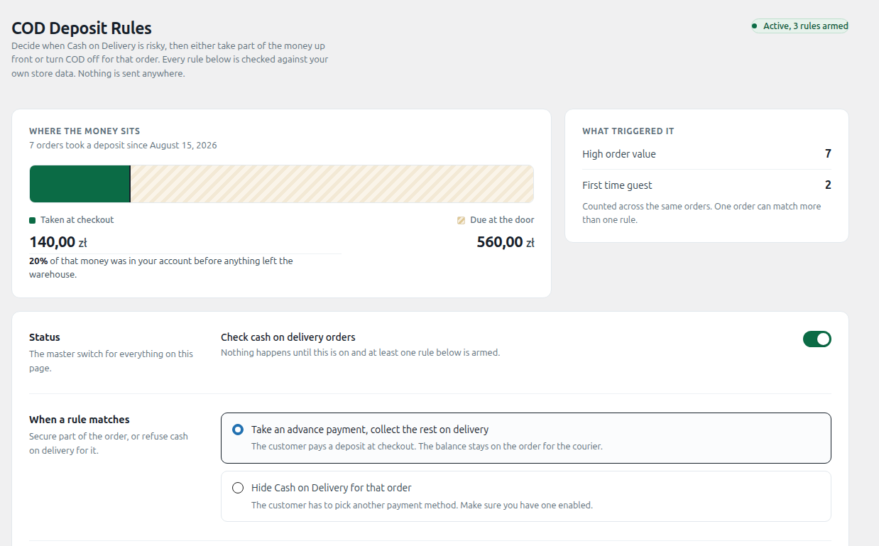 The COD Deposit Rules settings screen, showing money taken at checkout against money still due on delivery
